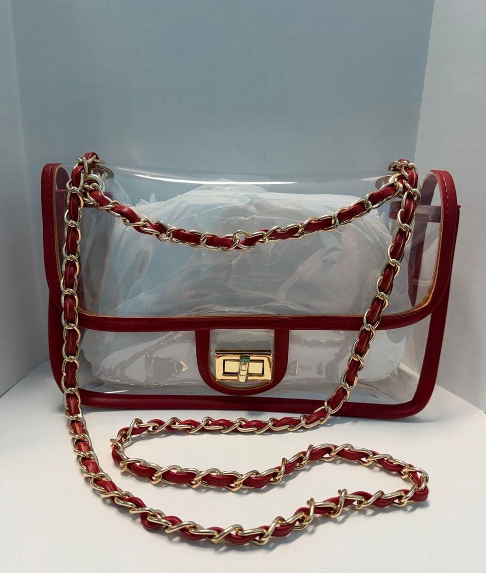 Clear PVC Bag Red Trim and Gold Tone Chain Strap